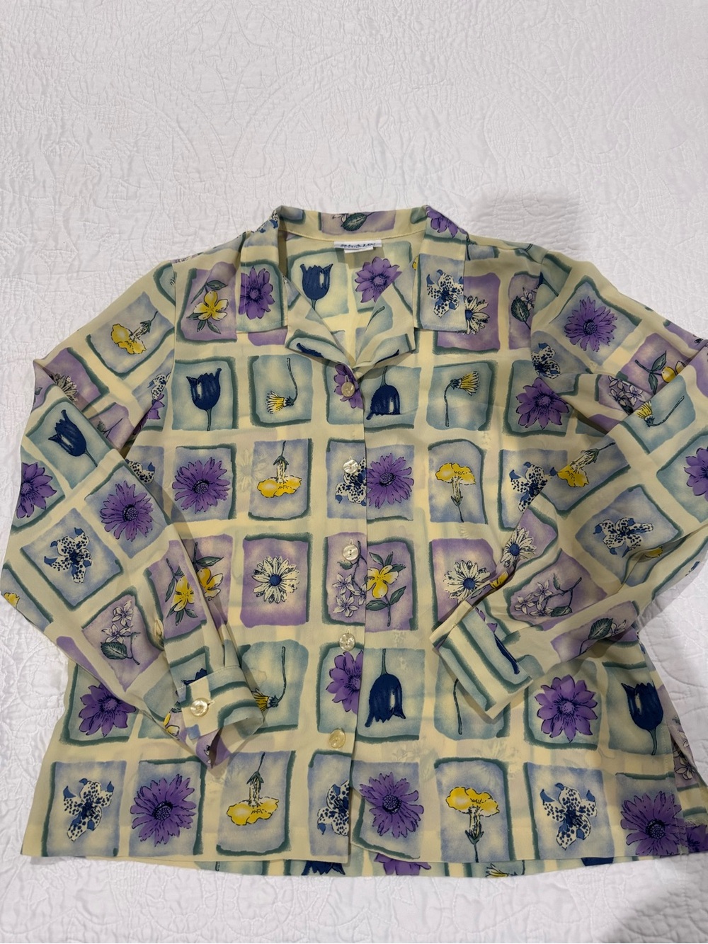 Blair Cream Button-Down Shirt with Purple & Yellow Floral Tile Print